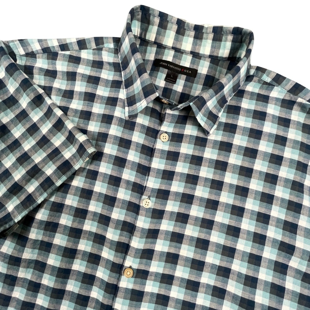 John Varvatos USA Mens L Plaid Check Slim Fit SS Buttondown Navy & Turquoise Top